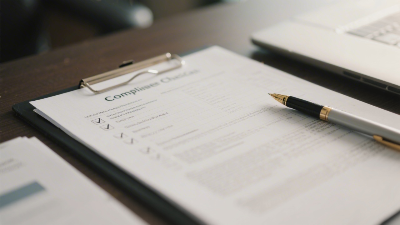 Close view of compliance checklist with checkboxes, pen and official documents on a desk, soft lighting and business-style stationery for legal review