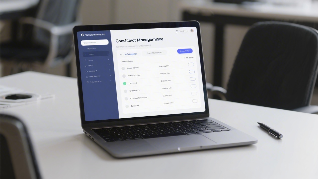 Laptop screen showing consent management interface with categories and toggles, compliance checklist and pen placed beside the device on a tidy desk