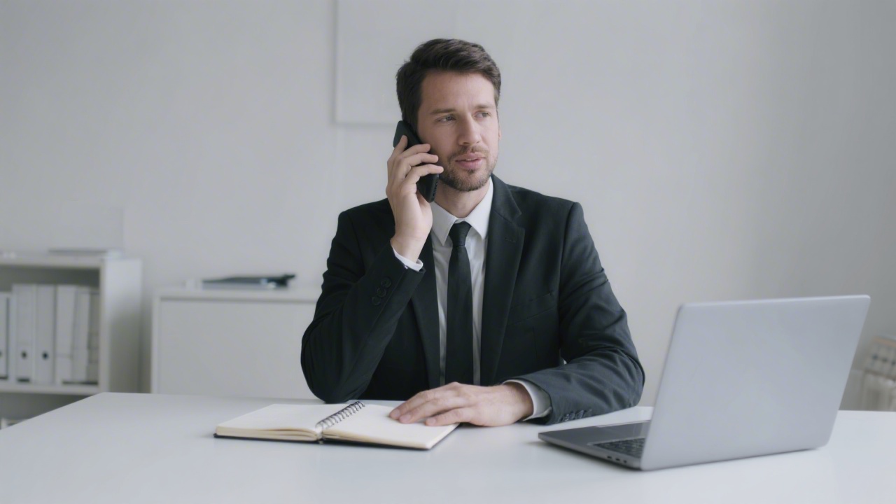 Professional consultant speaking on phone in a minimal office, contact notebook and laptop on desk, calm and trustworthy business scene