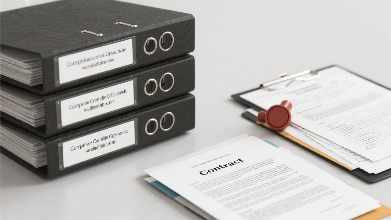 Stack of organized documents with labeled folders, contract pages and a legal stamp, showing structured compliance documentation workflow