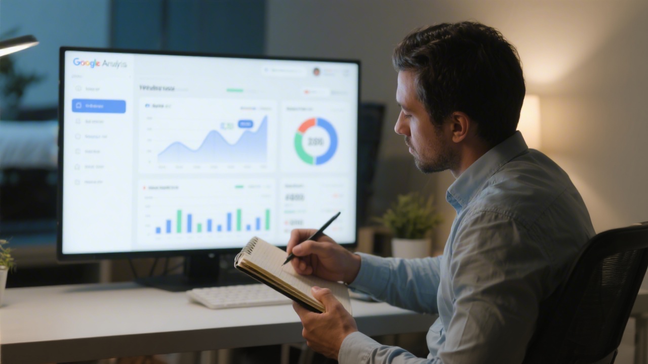 Google Analytics style dashboard on a screen with charts and metrics, analyst taking notes in a notebook, calm office lighting
