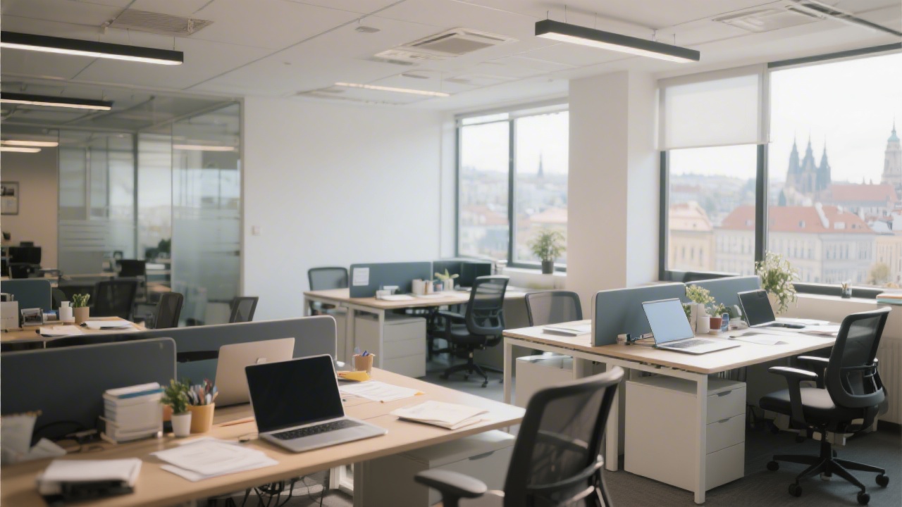 Modern open office in Prague with desks, laptops and documents, soft daylight from large windows and calm professional atmosphere