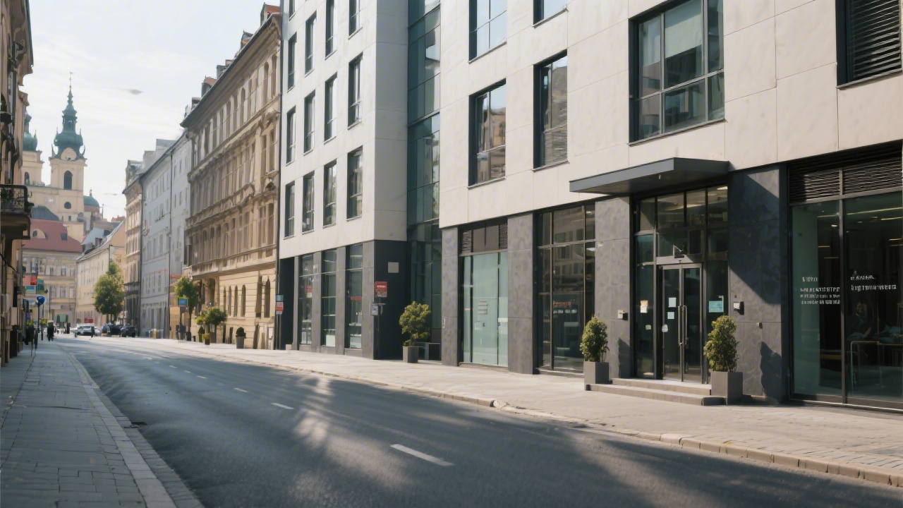 Quiet street in Prague with modern buildings and office entrance, representing local presence and professional consulting services in the Czech Republic