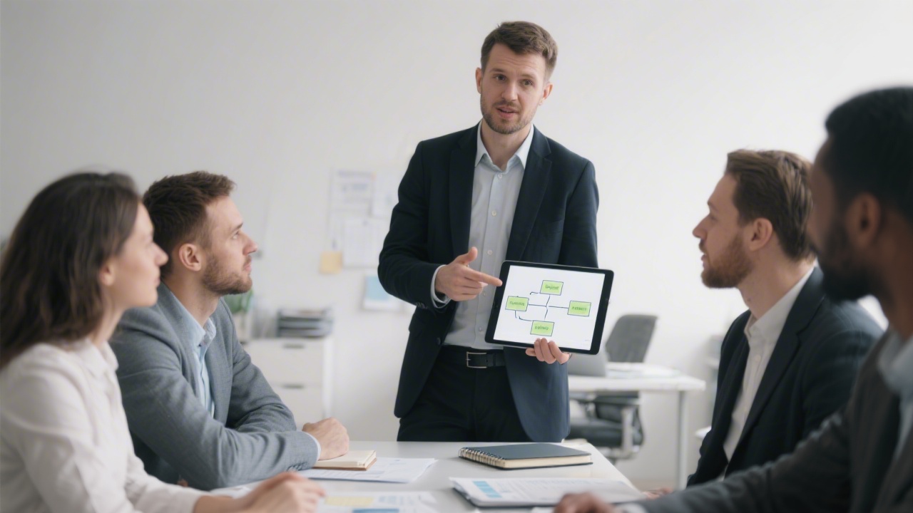 Professional consultant presenting a structured process chart on a tablet to a small business team, neutral office background with documents and notebooks