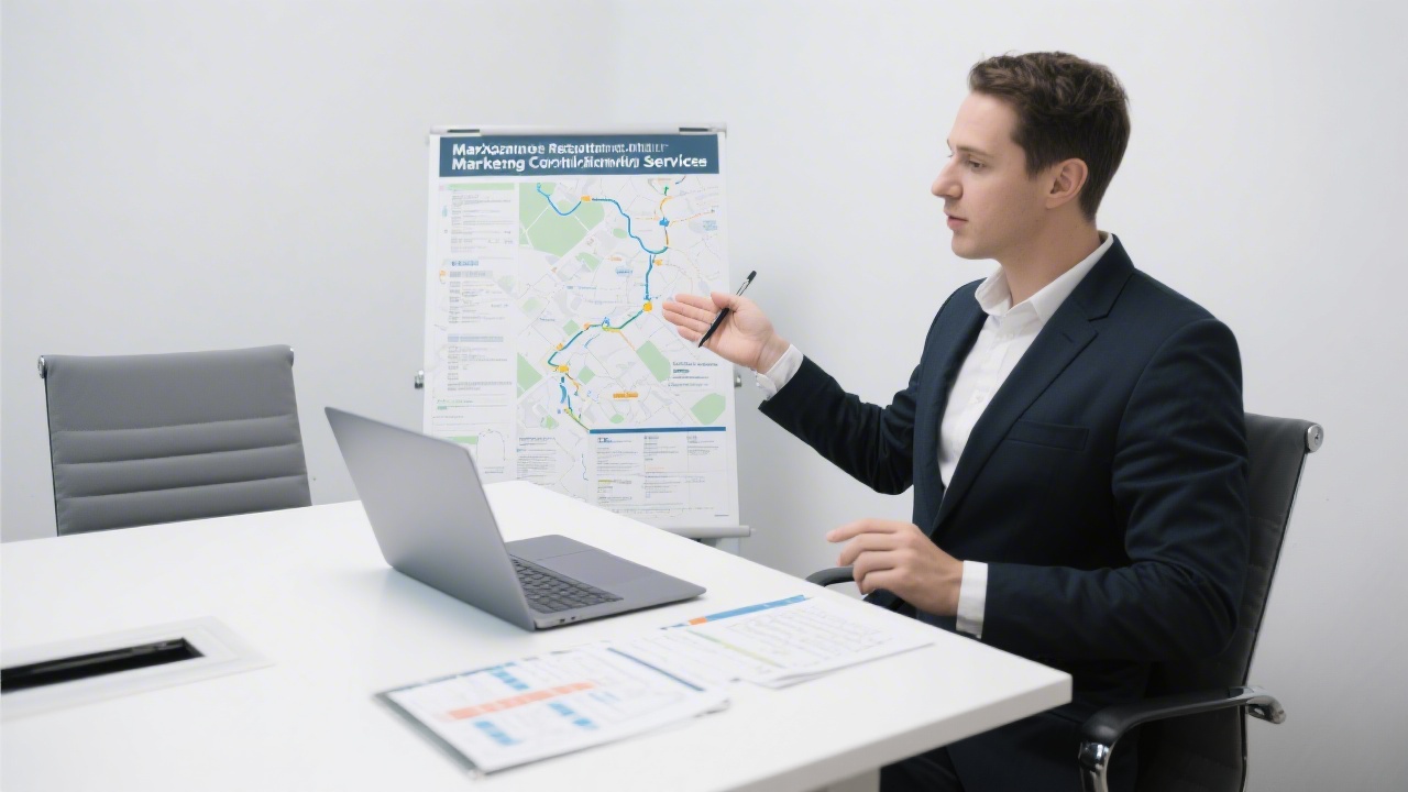Consultant explaining marketing compliance services with a printed roadmap, laptop and structured notes on a clean meeting table